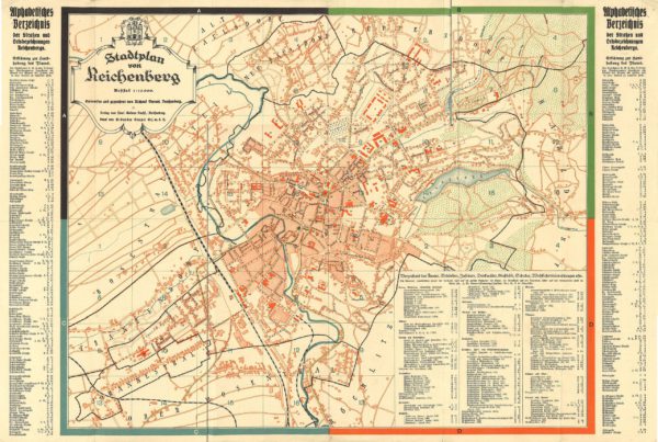 Liberec (Reichenberg), a szudétanémetek észak-csehországi központjának 1930-as térképe.